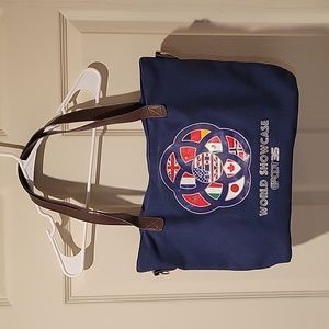 Epcot 35 World Showcase Tote Bag, Navy blue and brown.